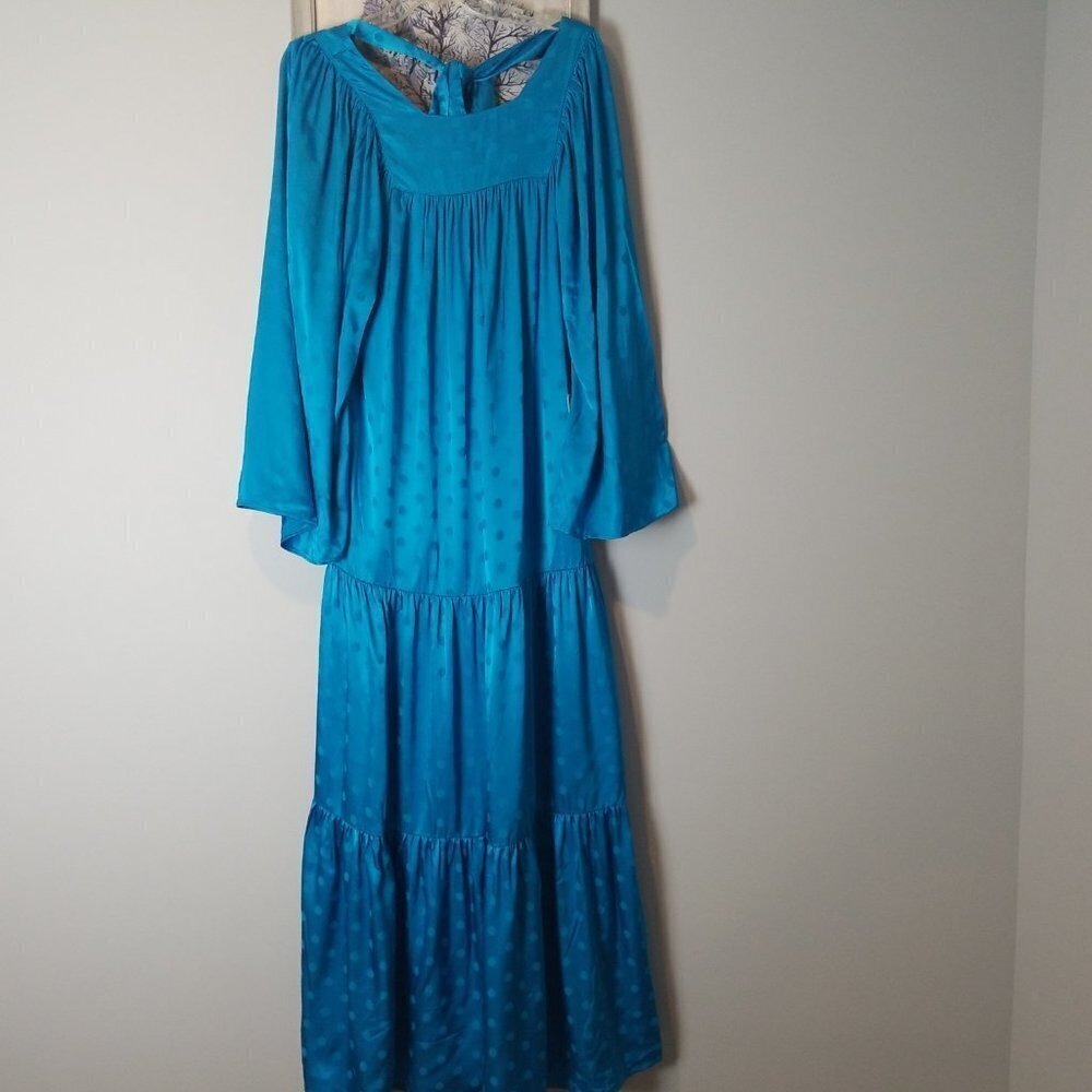 HAPPY NATURE DAYDREAM blue maxi dress tiered ruffle polka dot wide sleeve small